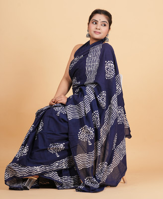 SUNDREESAREE Hand Painted Hand Batik Pure Cotton Saree(Blue)