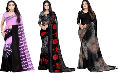 Leelavati Printed Daily Wear Georgette Saree(Pack of 3, Purple, Black)