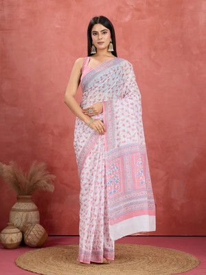 Jevi Prints Floral Print Daily Wear Pure Cotton Saree(Pink)
