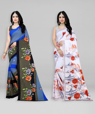 Leelavati Printed Bollywood Georgette Saree(Pack of 2, White, Blue)