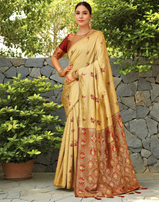 RHEY Printed Banarasi Pure Silk Saree(Cream)