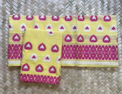 Chandrixaa Woven Mekhela Chador Pure Cotton Saree(Pink, White, Yellow)