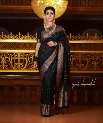 KanjiQueen Woven, Self Design Banarasi Silk Blend, Pure Silk Saree(Black)