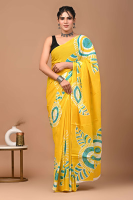 Printed Threads Printed Daily Wear Pure Cotton Saree(Yellow)
