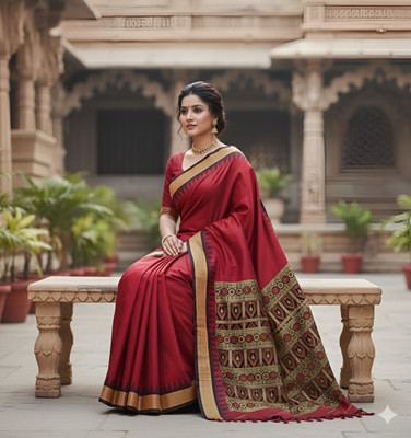 AYEZAL Temple Border Sambalpuri Cotton Silk Saree(Red)