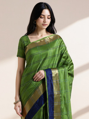 Sareemall Woven Banarasi Cotton Silk Saree(Green, Blue)