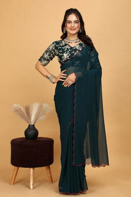KONICA FAB Solid/Plain Bollywood Georgette Saree(Dark Blue)
