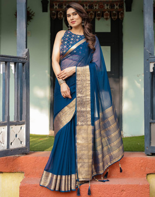 Tasrika Woven Mangalagiri Chiffon, Georgette Saree(Blue)