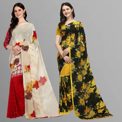 Anand Sarees Printed Daily Wear Georgette Saree(Pack of 2, Pink, Yellow)