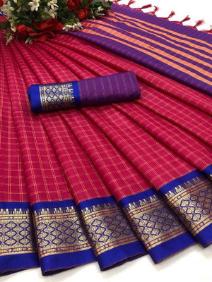 JbWorld Checkered, Woven Gadwal Cotton Silk, Pure Silk Saree(Pink, Blue)