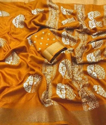 J6 Designers Printed Bollywood Cotton Linen Saree(Yellow)