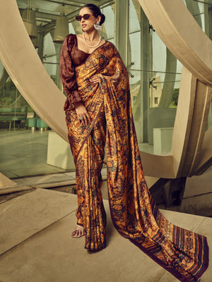 Divastri Printed Bollywood Satin, Silk Blend Saree(Brown)