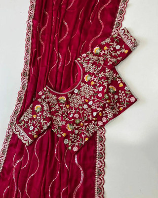 GOLDOLL FAB Embroidered Bollywood Satin Saree(Red)