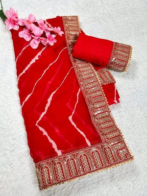 SAREETO Striped Leheria Georgette Saree(Red)