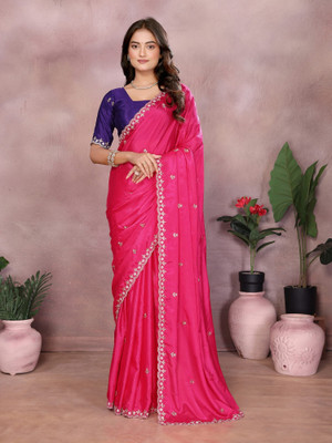 Tasrika Solid/Plain, Embroidered Bollywood Chiffon Saree(Pink)