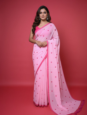 MISHABOUTIQUE Embroidered, Solid/Plain Handloom Mulmul Saree(Green)