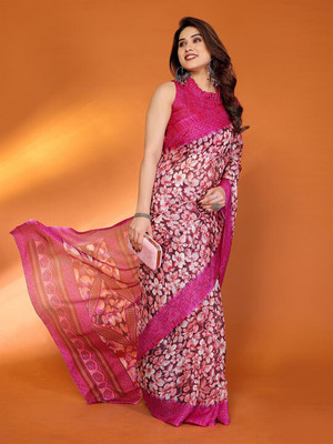 ANOUK Printed Saree with Attached Blouse Cotton Blend Saree(Pink)