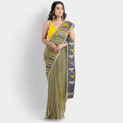 WoodenTant Woven Jamdani Cotton Silk Saree(Light Green)