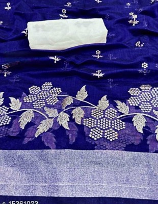 GLOWMOROUS Embroidered Bollywood Cotton Silk Saree(Dark Blue)