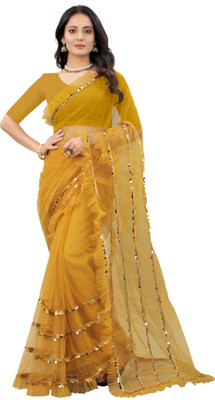 Yashvi Designer Embellished Bollywood Net Saree(Yellow)