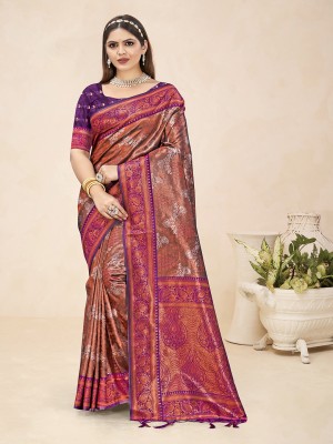 BUNAWAT Woven Handloom Silk Blend Saree(Magenta)