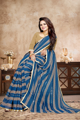 GAVUBAA Striped Bollywood Georgette Saree(Pack of 8, Blue)