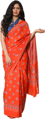 Clothonus Printed, Self Design, Hand Painted, Blocked Printed, Graphic Print Ikkat Pure Cotton Saree(Orange)