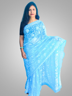 Quds Embroidered Lucknow Chikankari Georgette Saree(Blue)