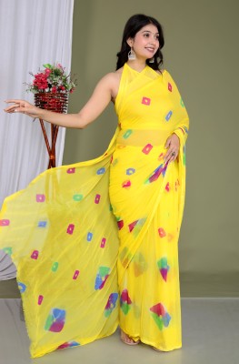 Ashwamegh Creation Color Block, Checkered, Embellished, Hand Painted, Printed Bandhani Chiffon Saree(Yellow)