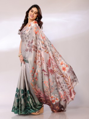 FABMORA Digital Print, Floral Print Bollywood Satin Saree(Grey, Green)