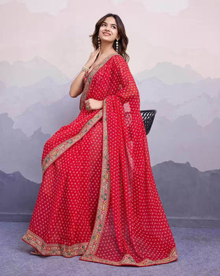 Yozzby Printed Bandhani Georgette Saree(Red)