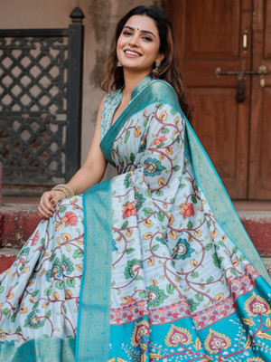 ZAMUNA Digital Print, Floral Print, Woven Banarasi Tussar Silk, Linen Saree(Light Blue)