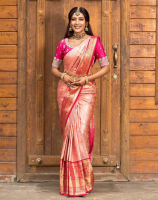 SIRIL Woven Kanjivaram Jacquard, Silk Blend Saree(Pink, Gold)