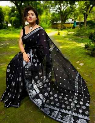 RM CREATION Self Design Handloom Handloom Cotton Silk Saree(Black)