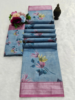 HouseOfCommon Printed Kanjivaram Pure Cotton, Cotton Silk Saree(Light Blue, Pink)