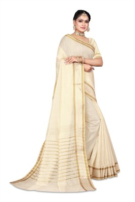 Linane Solid/Plain, Striped Kasavu Cotton Silk Saree(Cream)