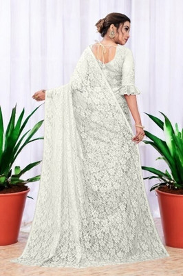 NEXA Self Design Bollywood Net Saree(White)