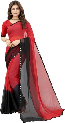 KV Fashion Hand Painted Bollywood Chiffon Saree(Black, Red)