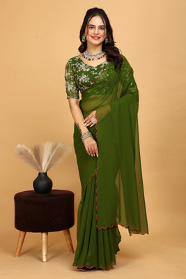 Laddu creation Embellished Bollywood Georgette, Silk Blend Saree(Dark Green)