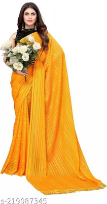 online bazaarr Striped Chanderi Chiffon Saree(Yellow)