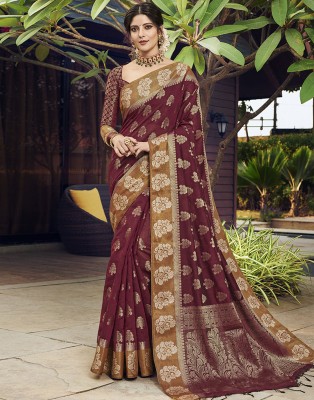 Samah Woven, Embellished, Self Design Banarasi Cotton Blend, Jacquard Saree(Maroon, Gold)
