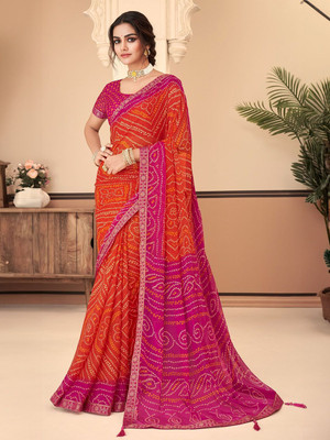 SainiVastra Printed Bandhani Chiffon Saree(Orange)