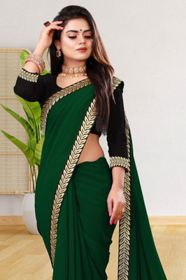 DHRAM CREATION Solid/Plain Bollywood Art Silk, Lace Saree(Green)