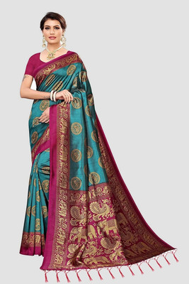 Grubstaker Printed Kalamkari Art Silk Saree(Blue, Pink)