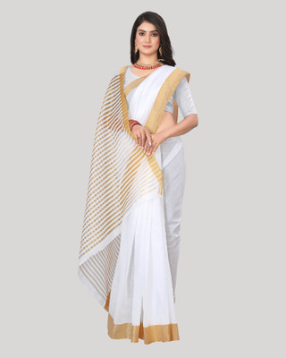 shree laxmi Woven Kasavu Pure Cotton Saree(White)