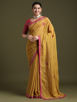 Sareemall Applique Bollywood Tissue Saree(Mustard)