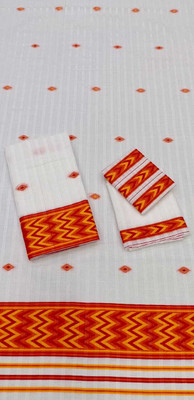 agarvalsilk mils Striped, Woven Mekhela Chador Handloom Cotton Blend Saree(Orange, White)