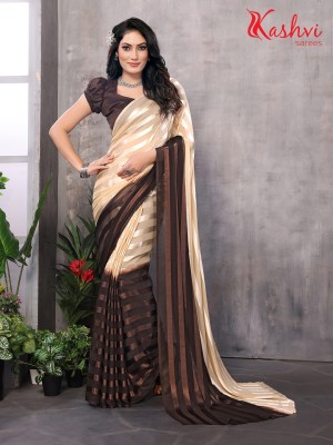 kashvi sarees Striped Bollywood Satin Saree(Beige, Brown)