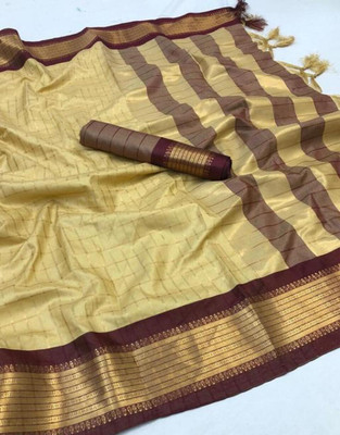 yourwish Woven, Checkered, Embellished, Self Design Daily Wear Jacquard, Cotton Silk Saree(Beige)