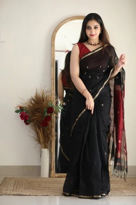 VISVASTA Self Design, Applique, Woven, Printed Bollywood Linen, Cotton Jute Saree(Black)